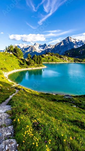 Serene alpine lake nestled in a valley, framed by wildflowers and mountains.  A hiking path winds through the vibrant landscape