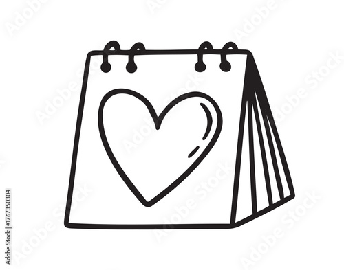Flip up desk calendar big heart, day of meeting, love day, date doodle hand drawn icon. Outline line drawing clipart symbol
