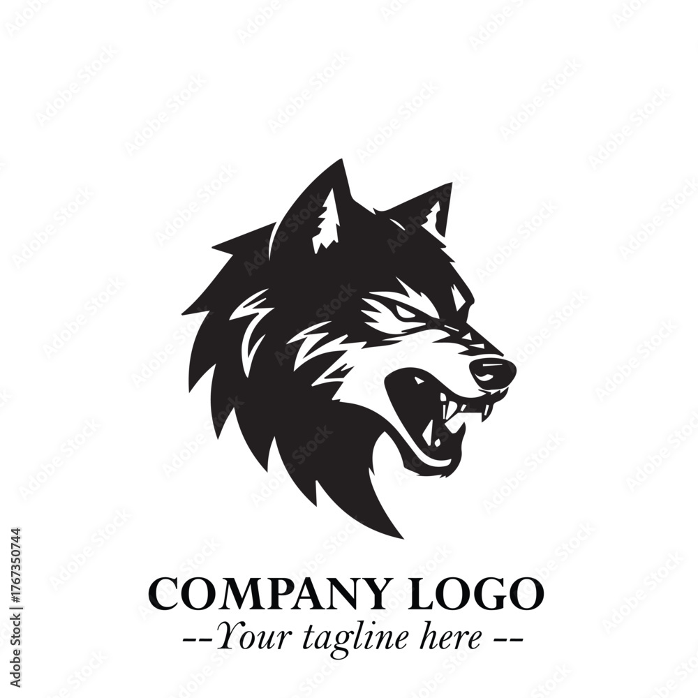 Fototapeta premium Fierce Head of Wolf Logo Symbol in Black on White Background with Bold Minimalist Modern Design