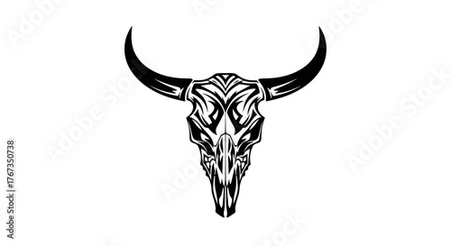 Ornate bull skull with tribal markings on a white background.