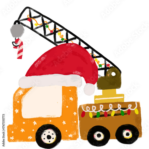 Cute christmas xmas construction site crane truck vehicles transportation doodle hand drawn kids crayon watercolor illustration sticker clipart