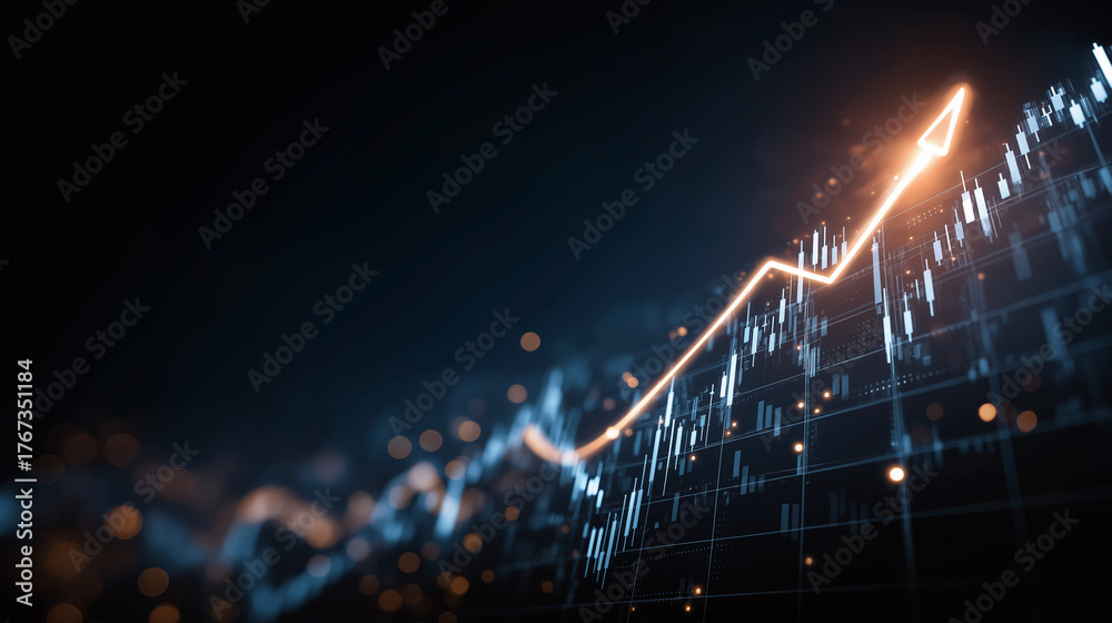 Fototapeta premium Uptrend Finance: A dynamic, high-angle perspective highlights an upward-trending line chart, illustrating positive growth and financial success amidst a futuristic backdrop.