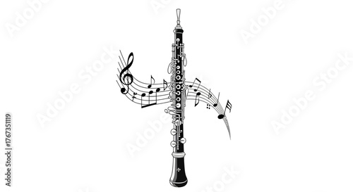 An oboe plays a melody with musical notes swirling around the instrument.