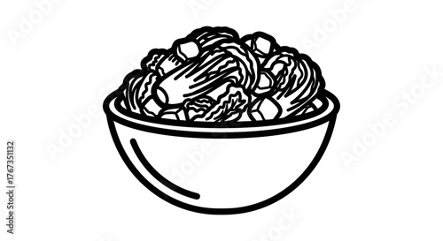 A simple illustration of a bowl filled with chopped vegetables and other ingredients.