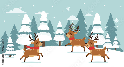 Delightful reindeer frolic through a snowy winter wonderland, bringing festive cheer and holiday joy to your seasonal designs with this charming scene