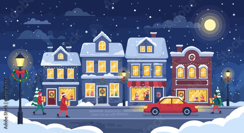 Festive winter night scene with Christmas shoppers in charming snow-covered town, perfect for holiday greetings and seasonal promotions