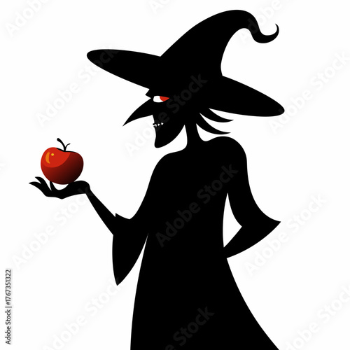 Silhouette of a wicked witch holding a poisoned apple