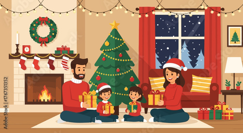 Cheerful family unwrapping presents in a cozy living room with a glowing Christmas tree and warm fireplace during a festive Christmas Eve celebration