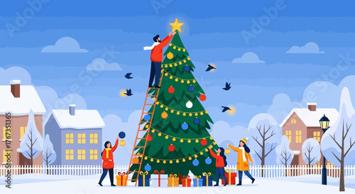 Heartwarming holiday scene of family decorating Christmas tree in snowy neighborhood with gifts, radiating festive joy and togetherness on a bright winter day
