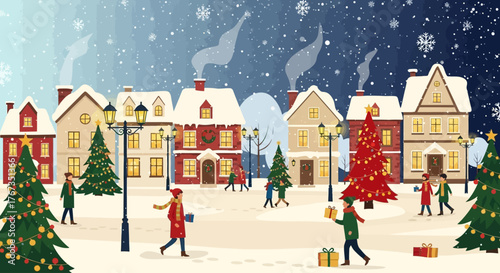 Festive Christmas town scene with snowy houses, Christmas trees, and people exchanging gifts, creating a cozy holiday atmosphere for seasonal projects