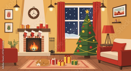 Experience the magic of Christmas with cozy fireplace, twinkling tree, and gifts in a warmly decorated living room, perfect for holiday cheer
