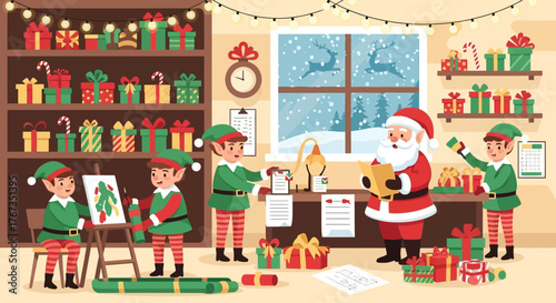 Santa and his busy elves prepare for Christmas in their workshop, painting gifts and checking lists during a snowy winter season of holiday cheer