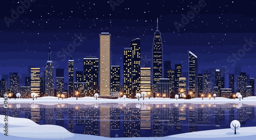 Stunning winter cityscape at night with glowing skyscrapers reflected in icy water under a starry sky, perfect for holiday promotions and seasonal campaigns