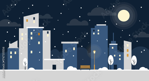 City skyline glistening under moonlit snow, a modern winter wonderland with charming benches and trees, perfect for holiday cards and festive backdrops