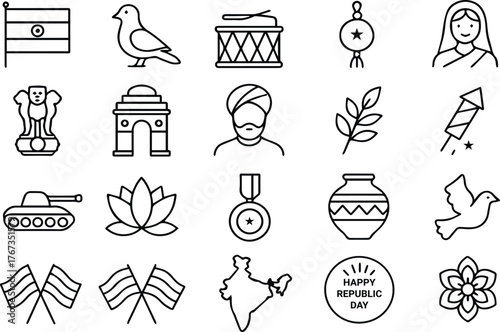 Line art illustration isolated on white background depicting symbols of india, including the flag, national emblem, monuments, and cultural icons, in a minimalist style