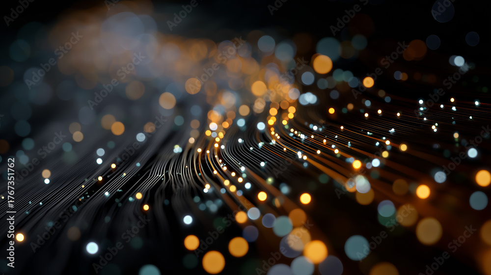 Obraz premium Fiber Optic Cables: Illustrating the intricate beauty of technology with a close-up perspective of glowing fiber optic cables, conveying the essence of communication, data transmission.