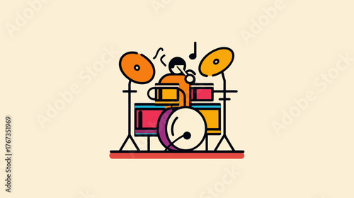 A drummer playing drums with music notes in flat icon style