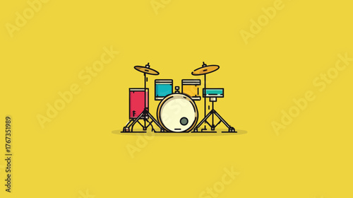 A minimalist drum set in flat design on a bright yellow background
