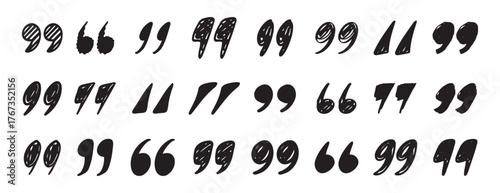 quotation mark doodle testured hand drawn icon set. quotation mark drawing line clipart symbol collection