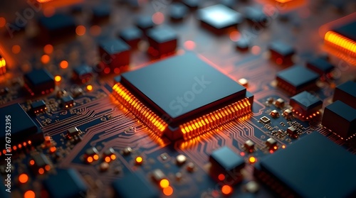 Futuristic computer processor with glowing orange circuits, advanced electronic microchip technology background, high-performance hardware innovation, digital data processing and cyber system