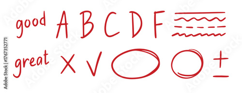 grading doodle element set. Red grades result, round accent line, plus and minus sign, school exam hand drawn icon. Outline drawing line clipart symbol collection