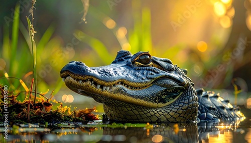 Close-up of young alligator in sunlit swamp