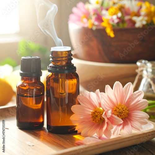 Amber glass bottles of essential oils sit on a wooden tray, surrounded by flowers and a bowl of blooms.  A gentle mist of vapor rises from the oils.  Soft light bathes the scene