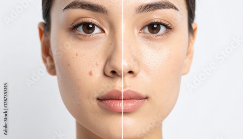 Beauty transformation showcasing skincare differences with flawless and imperfect skin comparison