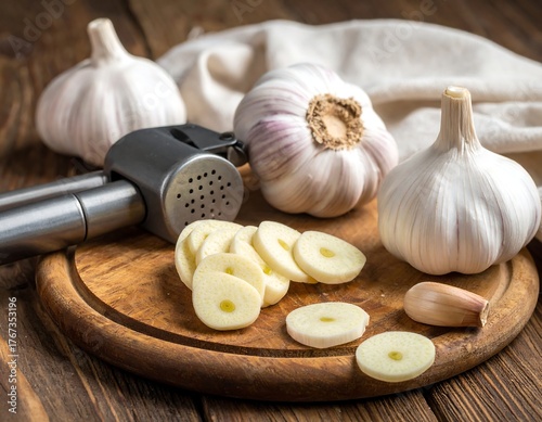 Fresh garlic bulbs and cloves, sliced, with a garlic press