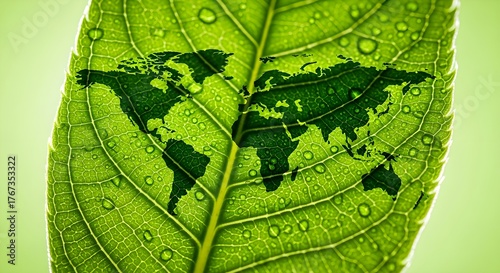 World Map on Leaf with Dew — Biodiversity & Climate Action (Green)