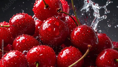 Fresh cherries splashed with water droplets
