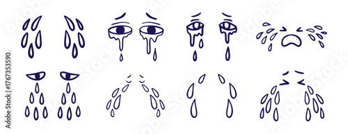 tears drop, eyes and tears doodle hand drawn icon set. Outline drawing line clipart symbol collection