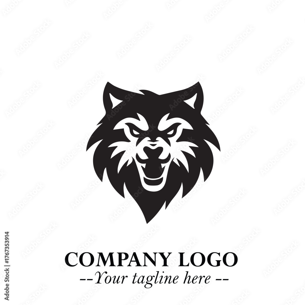 Fototapeta premium Fierce Head of Wolf Logo Symbol in Black on White Background with Bold Minimalist Modern Design