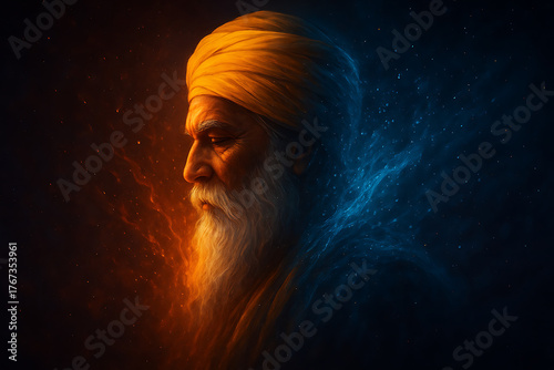 Guru nanak dev ji side profile in a dramatic, digital painting illuminated by glowing orange and blue cosmic light happy nanak jayanti