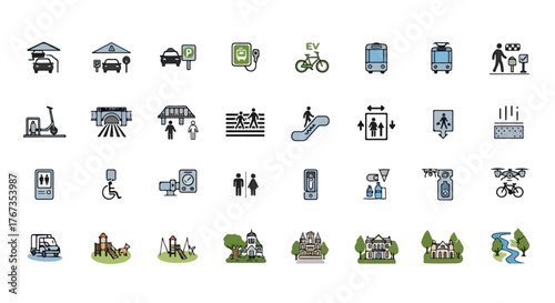 Smart City Wayfinding Icons - Urban Mobility, Transit, EV Charging, Parks & Civic Hubs Vector