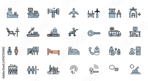 Airport Wayfinding Line Icons Pack - Check‑In, Security, Boarding, Lounge & Transit Amenities Vector
