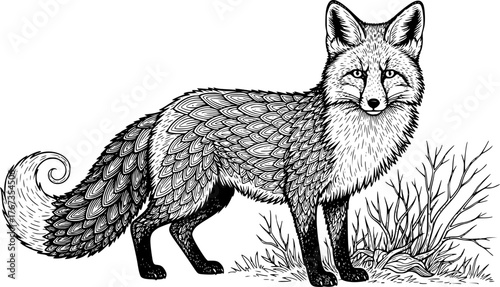 beautiful fox vintage sketch, black and white
