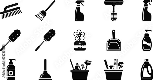 Cleaning tools icon set, black and white vector graphics, household supplies, sanitation equipment, isolated illustrations, organized grid layout, editable design