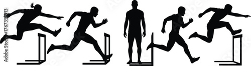 Hurdling athlete silhouette set, black vector icons, running and jumping poses, track and field motion, isolated on white background, sports design