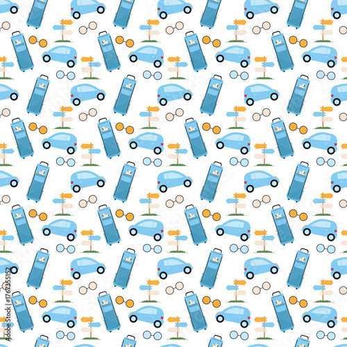 Road trip car, suitcase signpost and sunglasses seamless pattern for travel branding