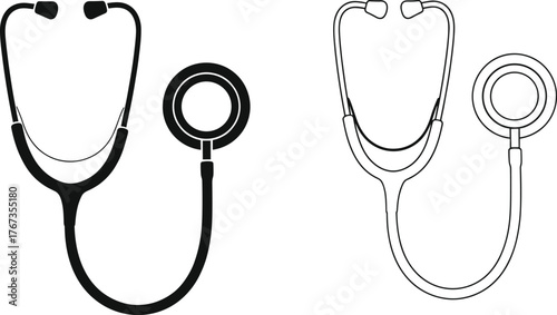 Stethoscope icon vector set, black and white medical equipment, healthcare symbols, diagnostic tool illustrations, isolated on white background, editable design