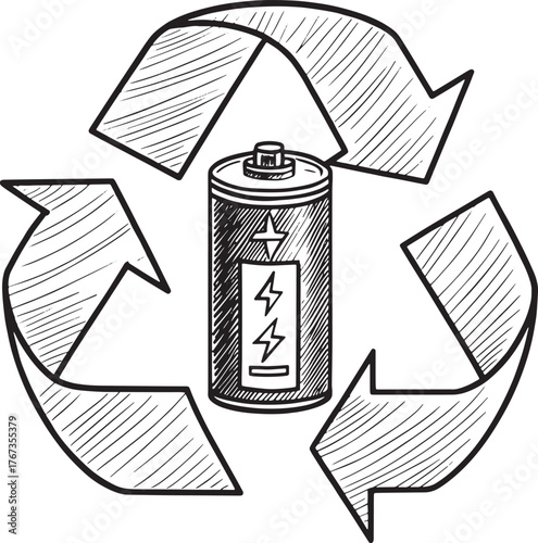 A sketch of a battery with lightning bolts inside a recycling symbol with hatched line shading effect