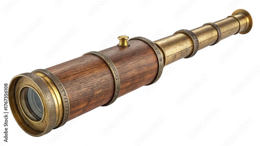 Fototapeta premium A vintage brass and wood spyglass telescope with leather accents isolated on transparent background