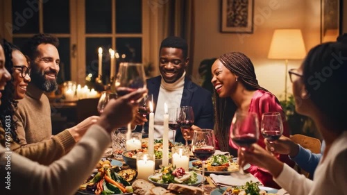 Friends Laughing Around Dining Table Home Dinner Party