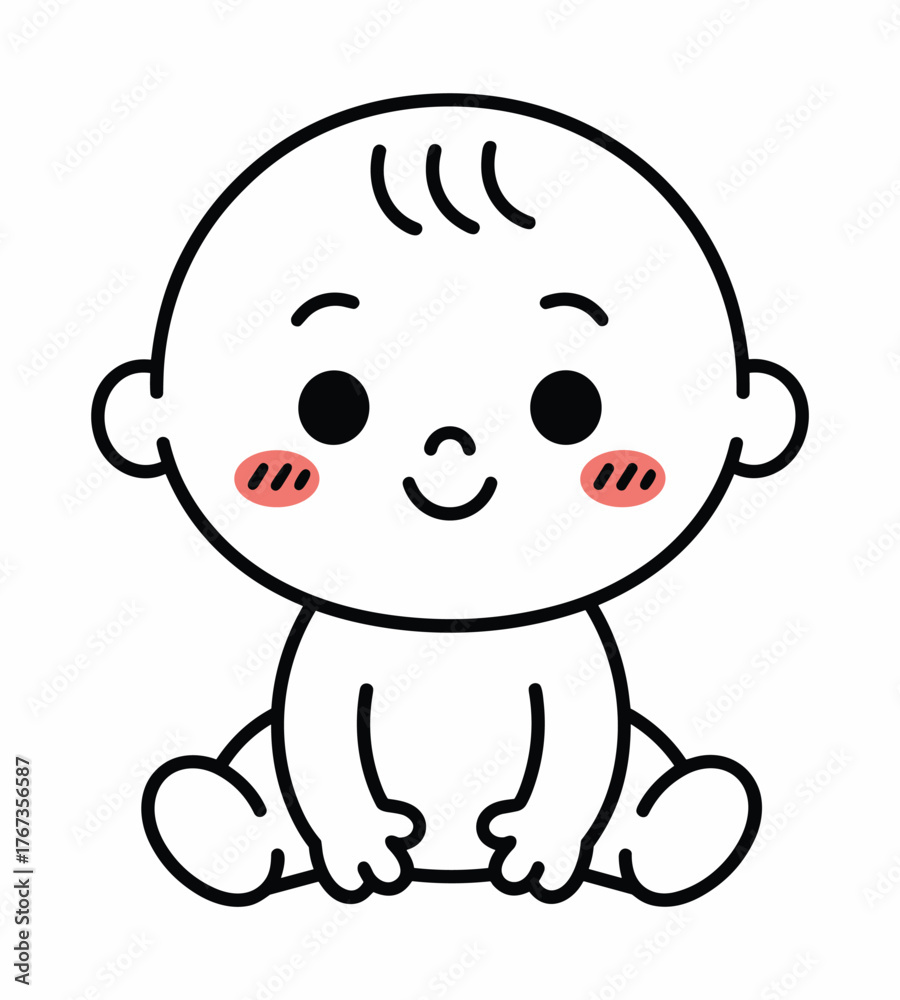 Fototapeta premium Cute cartoon baby sitting with a happy smiling face and rosy cheeks illustration