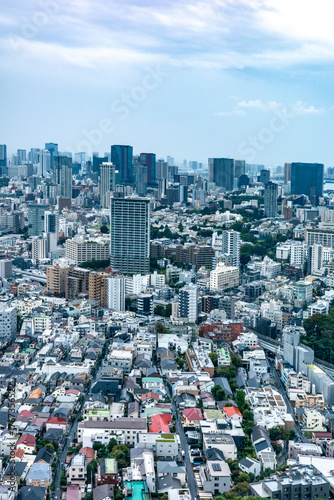高層ビルから望む雨の日の東京