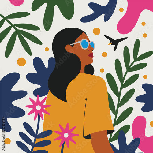 Illustration of a Woman with Sunglasses Surrounded by Abstract Tropical Leaves and Flowers Keywords: illustration, woman, sunglasses, tropical
