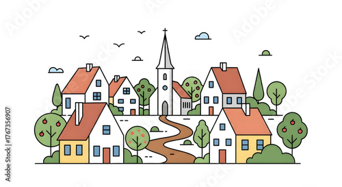 Charming Village Scene with Cottages and Winding Path