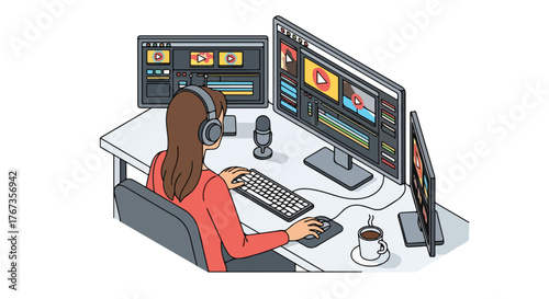 Isometric vector illustration of a woman working at a desk with multiple computer monitors and a headset in a modern workspace.