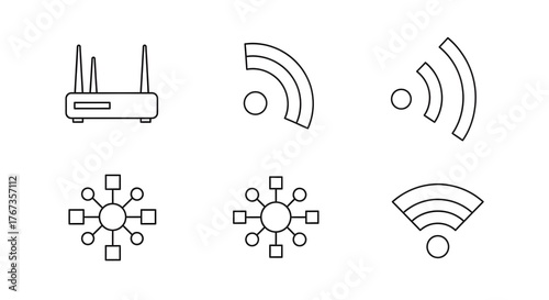 Modern vector line art icons depicting wireless network, internet, and Wi-Fi connectivity. Includes router, signal, and data flow symbols for digital interface design